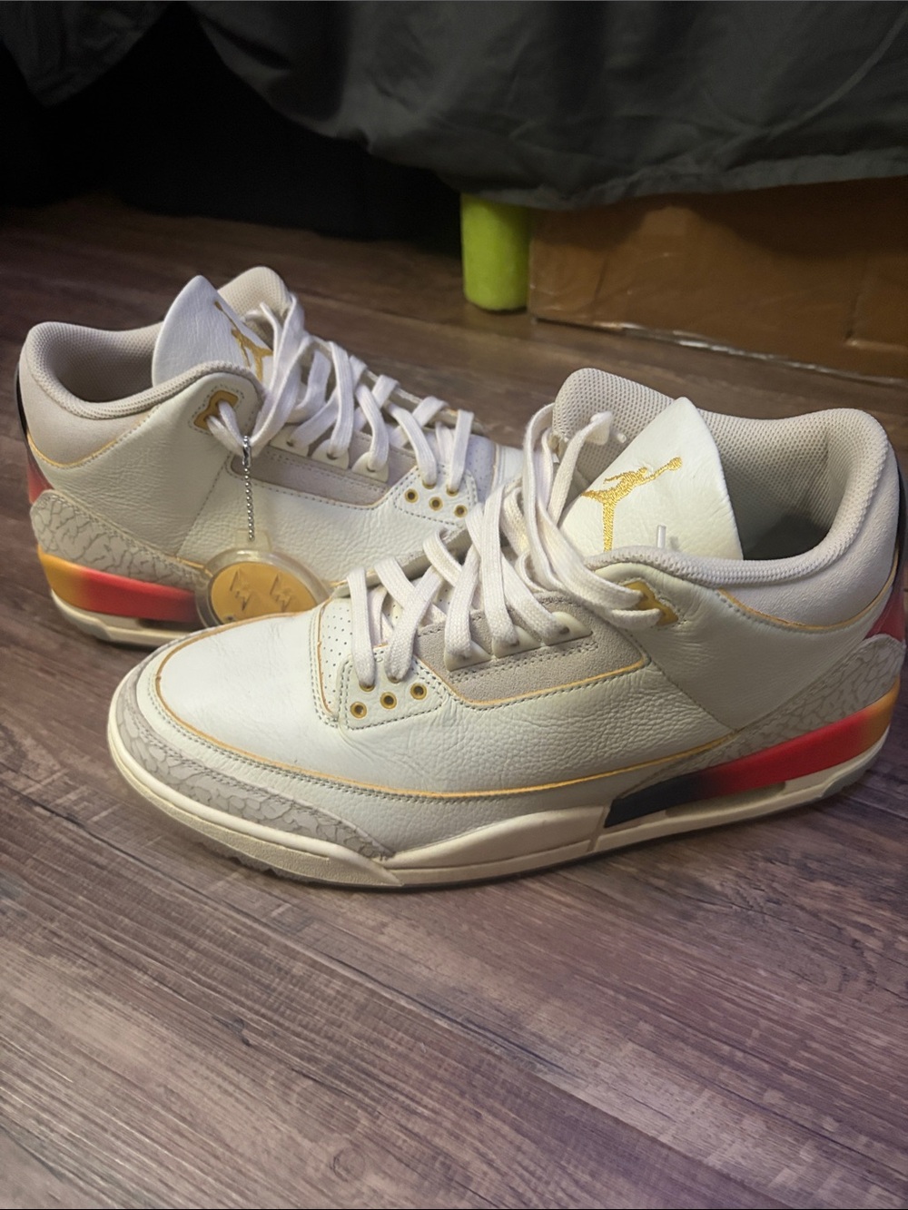 Air Jordan 3 J Balvin White & Gold Men's Basketball Sneakers with Coral Accent